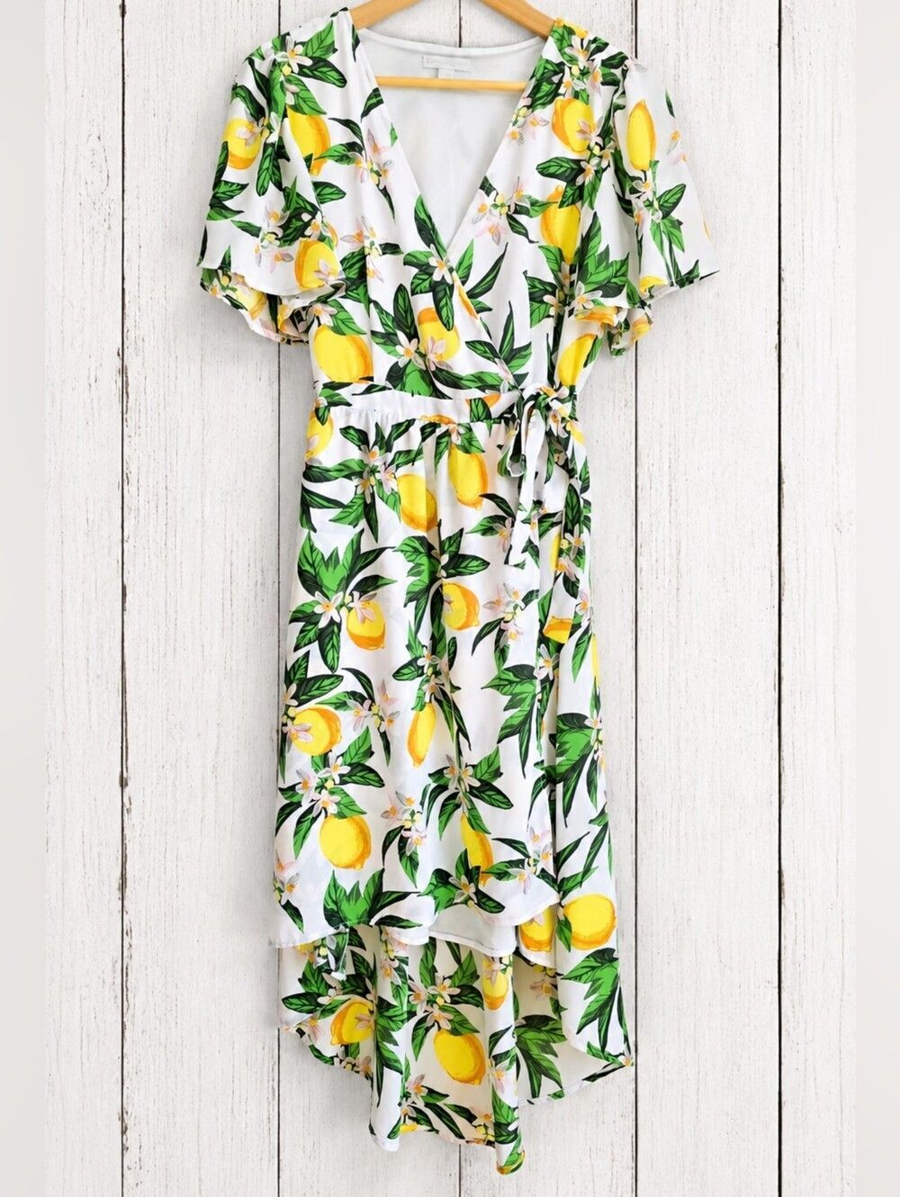 New York & Company Lemon Print Wrap High Low Dress Size XS - Picture 1 of 5